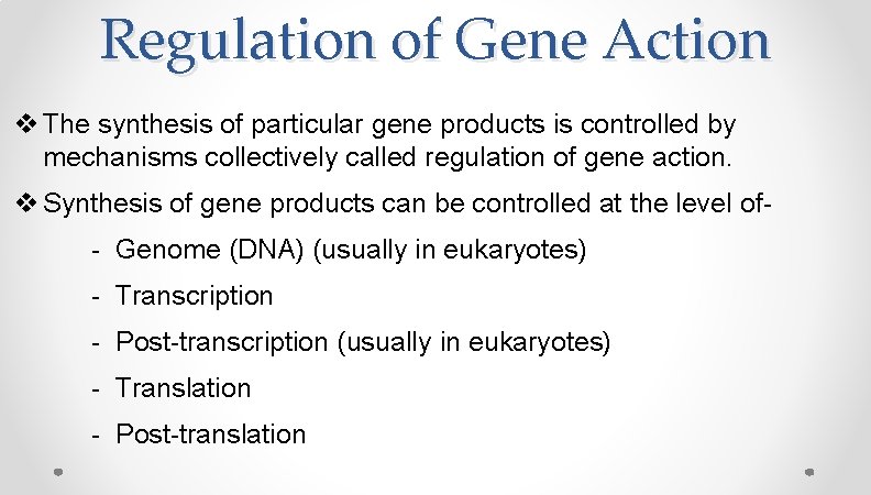 Regulation of Gene Action v The synthesis of particular gene products is controlled by Regulation of Gene Action v The synthesis of particular gene products is controlled by