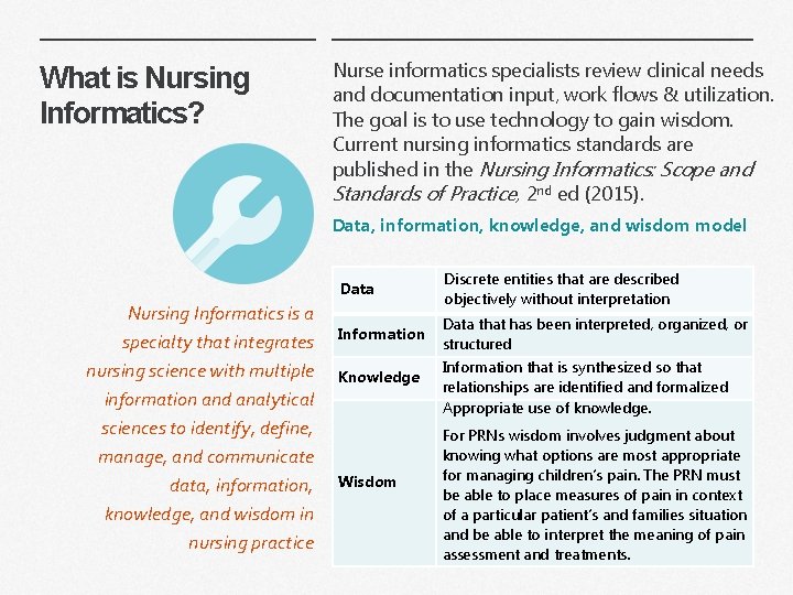 What is Nursing Informatics? Nurse informatics specialists review clinical needs and documentation input, work