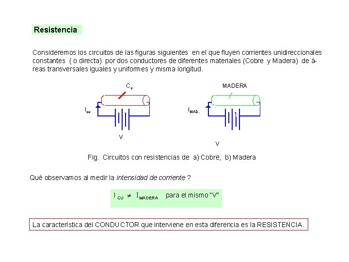 Resistencia Consideremos los circuitos de las figuras siguientes en el que fluyen corrientes unidireccionales