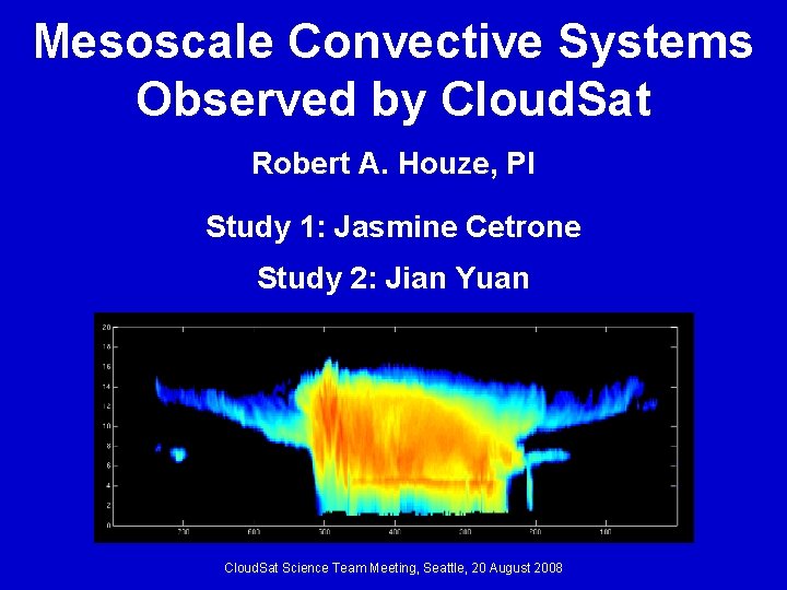 Mesoscale Convective Systems Observed by Cloud. Sat Robert A. Houze, PI Study 1: Jasmine