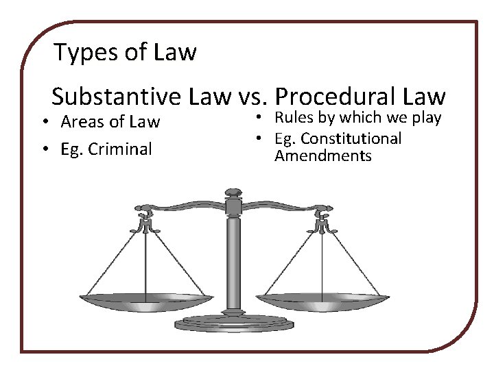 Types of Law Substantive Law vs. Procedural Law • Areas of Law • Eg. Types of Law Substantive Law vs. Procedural Law • Areas of Law • Eg.