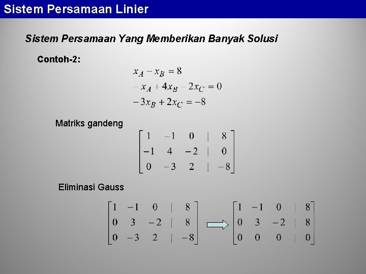 Sistem Persamaan Linier Sistem Persamaan Yang Memberikan Banyak Solusi Contoh-2: Matriks gandeng Eliminasi Gauss