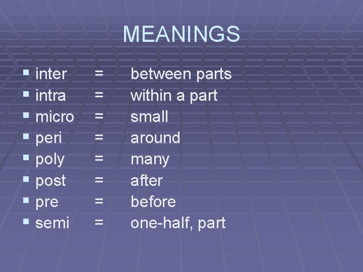 MEANINGS § inter § intra § micro § peri § poly § post §