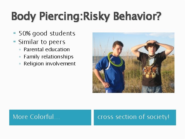 Body Piercing: Risky Behavior? 50% good students Similar to peers ◦ Parental education ◦