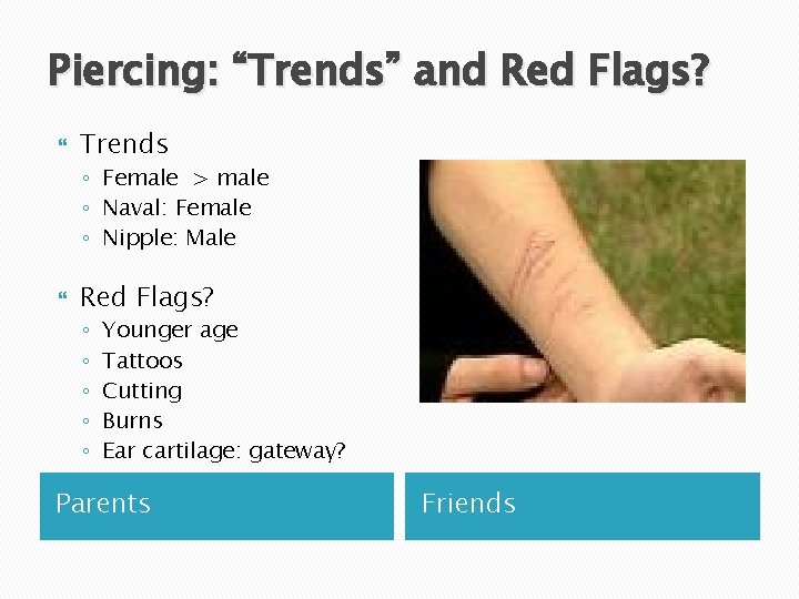 Piercing: “Trends” and Red Flags? Trends ◦ Female > male ◦ Naval: Female ◦