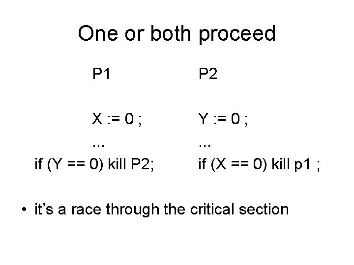 One or both proceed P 1 X : = 0 ; . . .