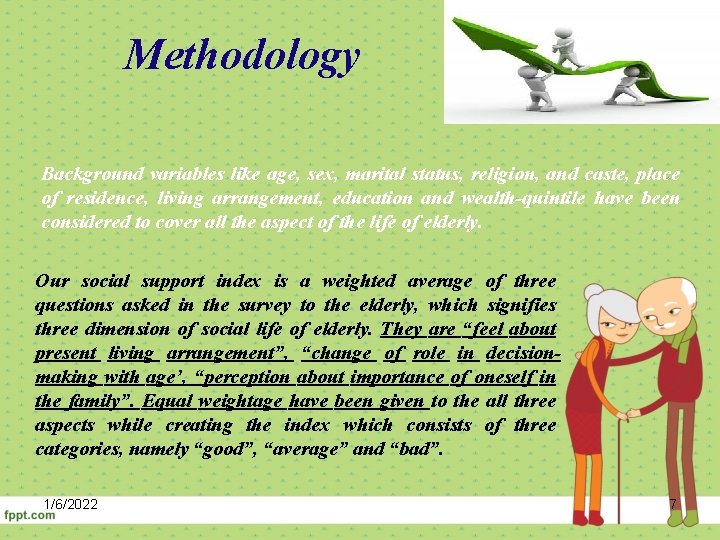 Methodology Background variables like age, sex, marital status, religion, and caste, place of residence,