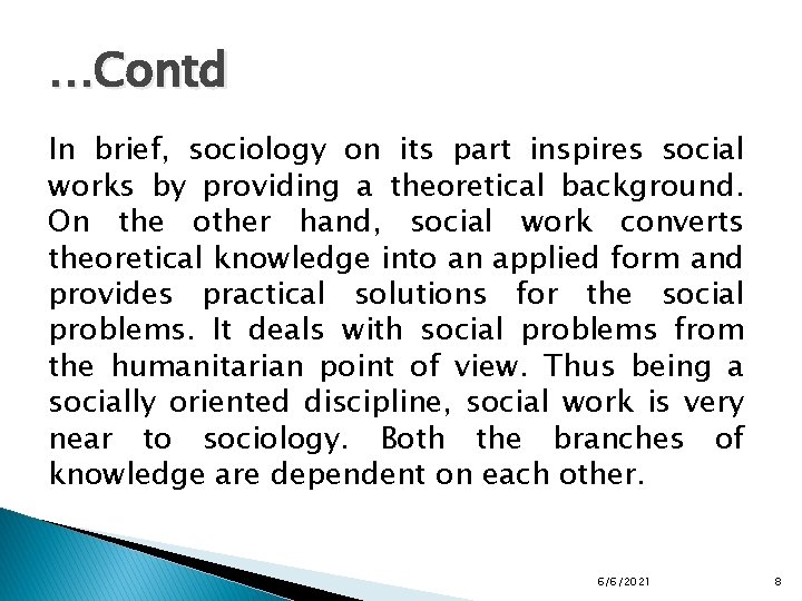 …Contd In brief, sociology on its part inspires social works by providing a theoretical