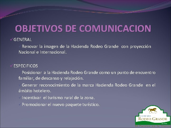 OBJETIVOS DE COMUNICACION üGENERAL üRenovar la imagen de la Hacienda Rodeo Grande con proyección