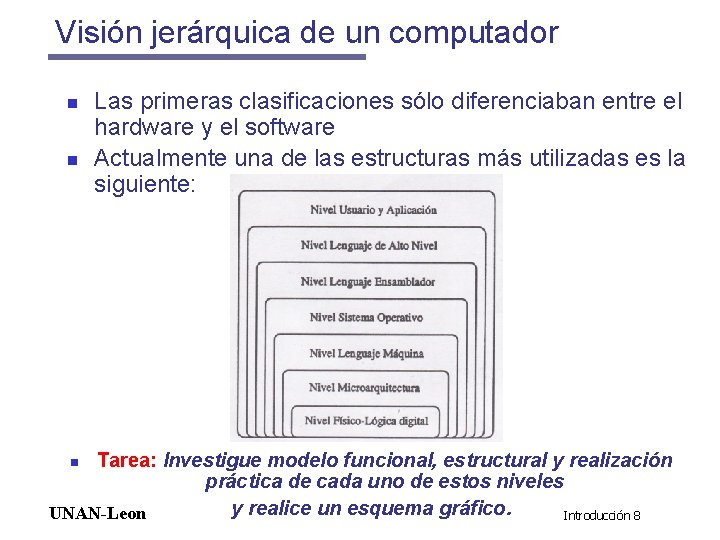 Visión jerárquica de un computador n n Las primeras clasificaciones sólo diferenciaban entre el