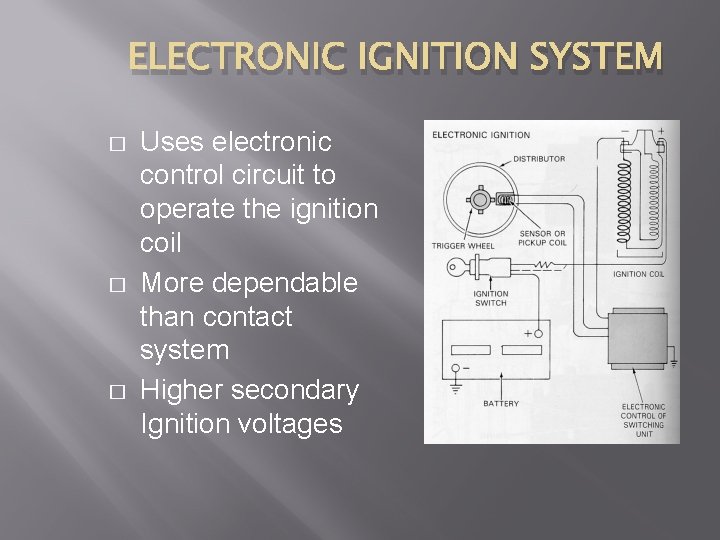 ELECTRONIC IGNITION SYSTEM � � � Uses electronic control circuit to operate the ignition