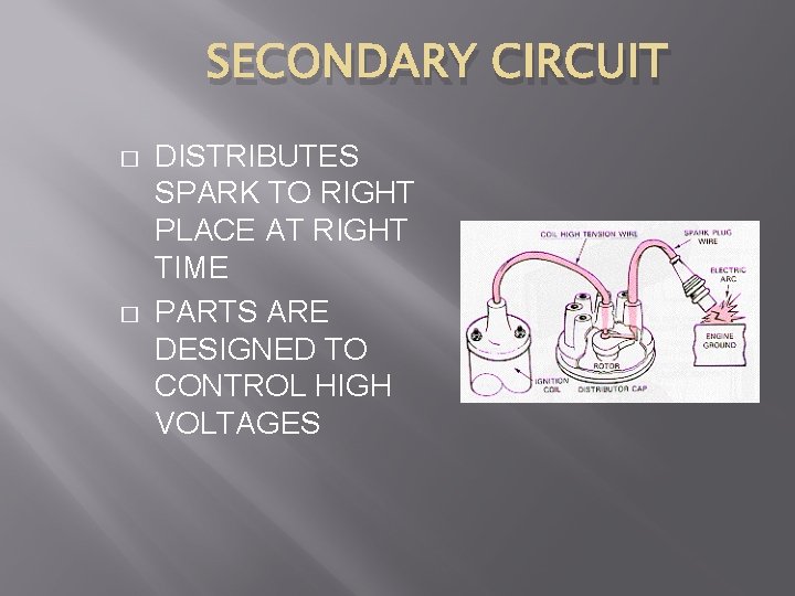 SECONDARY CIRCUIT � � DISTRIBUTES SPARK TO RIGHT PLACE AT RIGHT TIME PARTS ARE