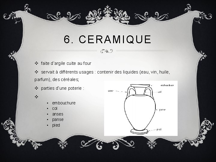 6. CERAMIQUE v faite d’argile cuite au four v servait à différents usages :