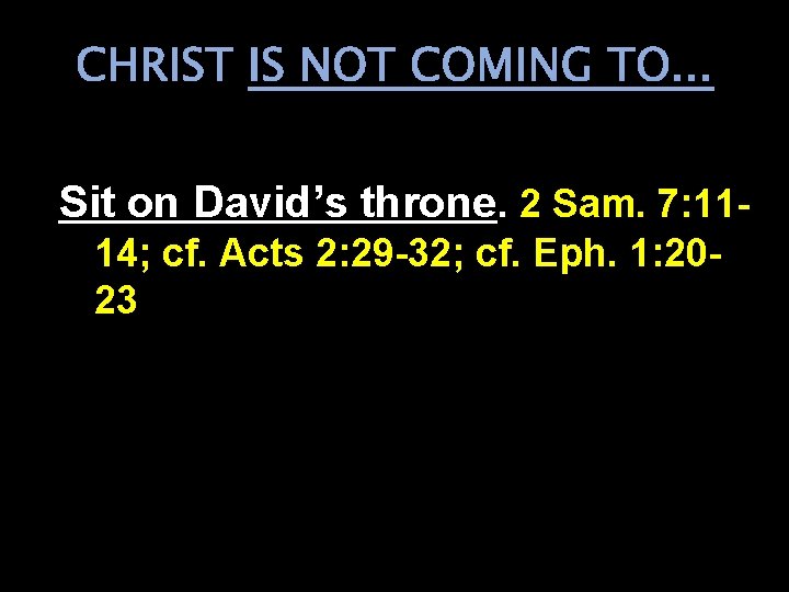 CHRIST IS NOT COMING TO. . . Sit on David’s throne. 2 Sam. 7: