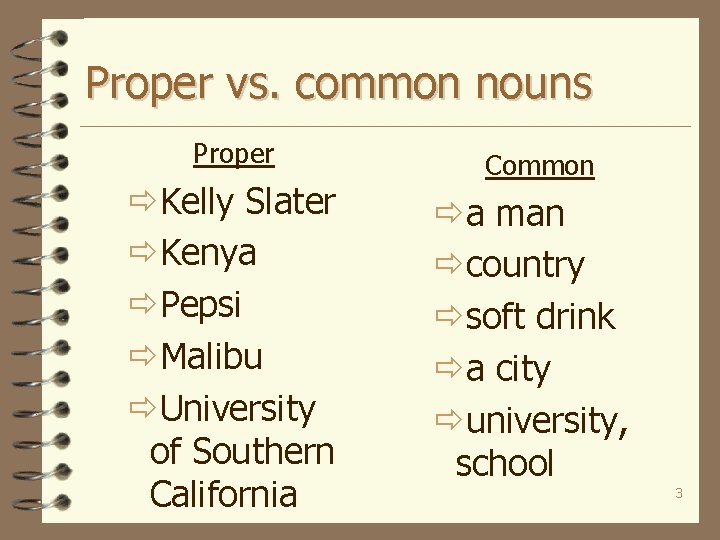 Proper vs. common nouns Proper ðKelly Slater ðKenya ðPepsi ðMalibu ðUniversity of Southern California