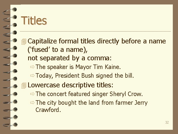 Titles 4 Capitalize formal titles directly before a name (‘fused’ to a name), not