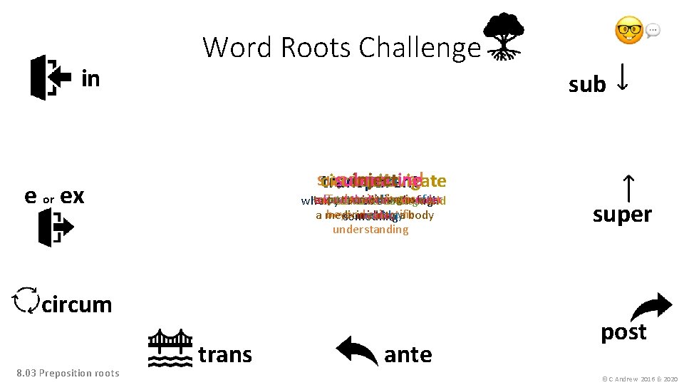 in Word Roots Challenge sub supernatural inject submarine p. m. a. m. circumnavigate exit