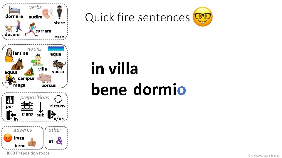 verbs dormire audire stare currere ducere nouns femina campus maga esse aqua villa equus