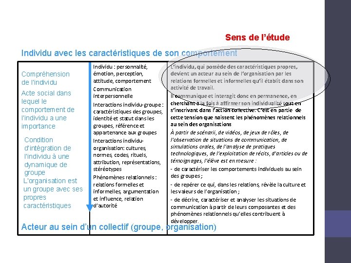 Sens de l’étude Individu avec les caractéristiques de son comportement Compréhension de l’individu Acte