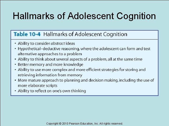 Hallmarks of Adolescent Cognition Copyright © 2010 Pearson Education, Inc. All rights reserved. 