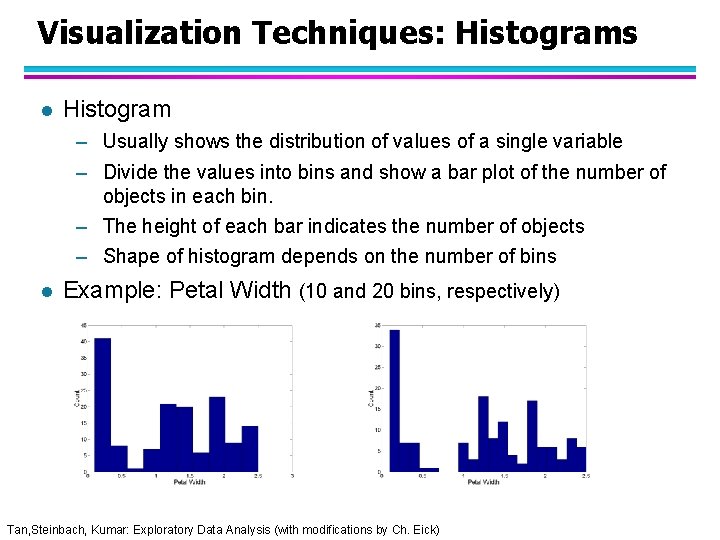 Visualization Techniques: Histograms l Histogram – Usually shows the distribution of values of a