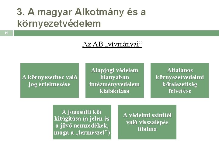 3. A magyar Alkotmány és a környezetvédelem 15 Az AB „vívmányai” A környezethez való