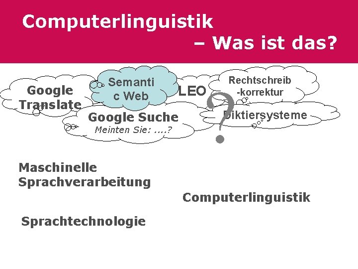 Computerlinguistik – Was ist das? Google Translate Semanti c Web Meinten Sie: . .