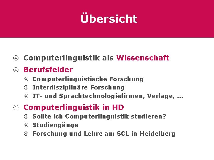 Übersicht Computerlinguistik als Wissenschaft Berufsfelder Computerlinguistische Forschung Interdisziplinäre Forschung IT- und Sprachtechnologiefirmen, Verlage, .