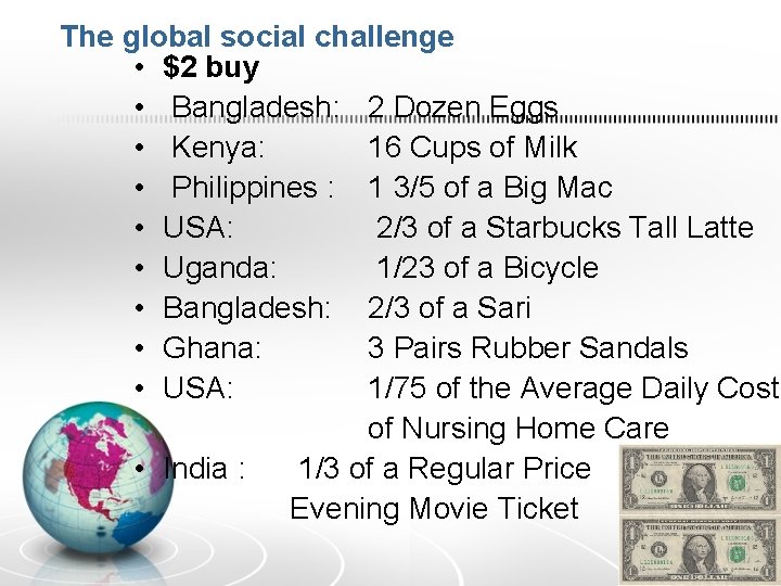 The global social challenge • $2 buy • Bangladesh: 2 Dozen Eggs • Kenya: