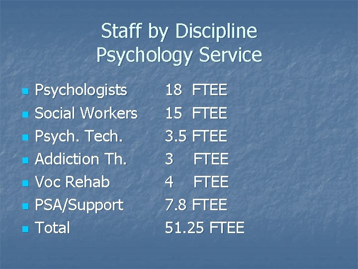 Staff by Discipline Psychology Service n n n n Psychologists Social Workers Psych. Tech.