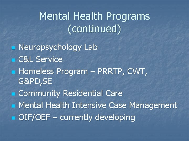 Mental Health Programs (continued) n n n Neuropsychology Lab C&L Service Homeless Program –