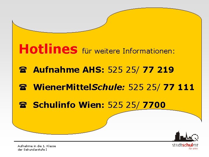 Hotlines für weitere Informationen: ( Aufnahme AHS: 525 25/ 77 219 ( Wiener. Mittel.