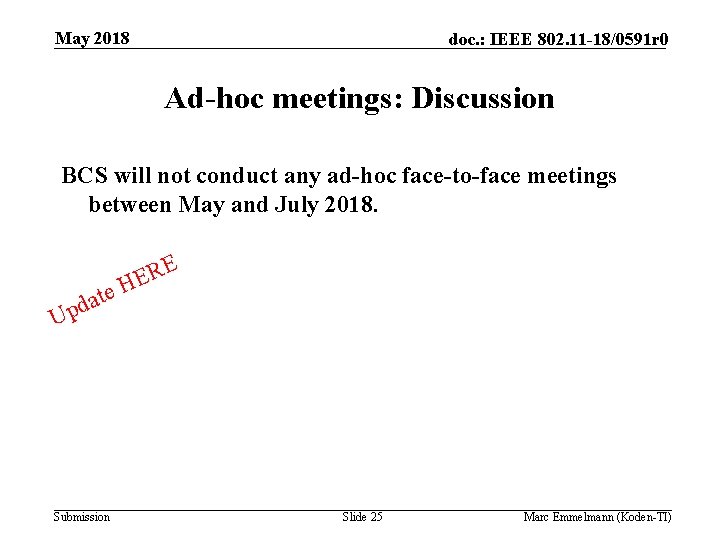 May 2018 doc. : IEEE 802. 11 -18/0591 r 0 Ad-hoc meetings: Discussion BCS