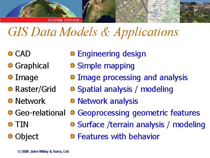 GIS Data Models & Applications CAD Graphical Image Raster/Grid Network Geo-relational TIN Object ©