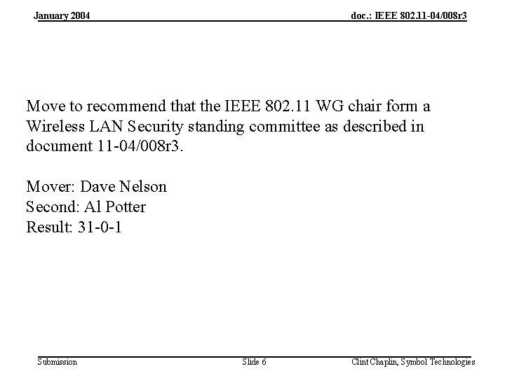 January 2004 doc. : IEEE 802. 11 -04/008 r 3 Move to recommend that