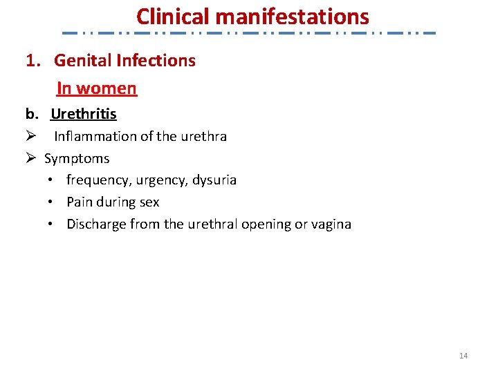 Clinical manifestations 1. Genital Infections In women b. Urethritis Ø Inflammation of the urethra