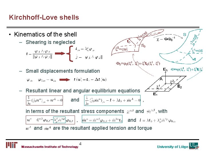 Kirchhoff-Love shells • Kinematics of the shell – Shearing is neglected – Small displacements