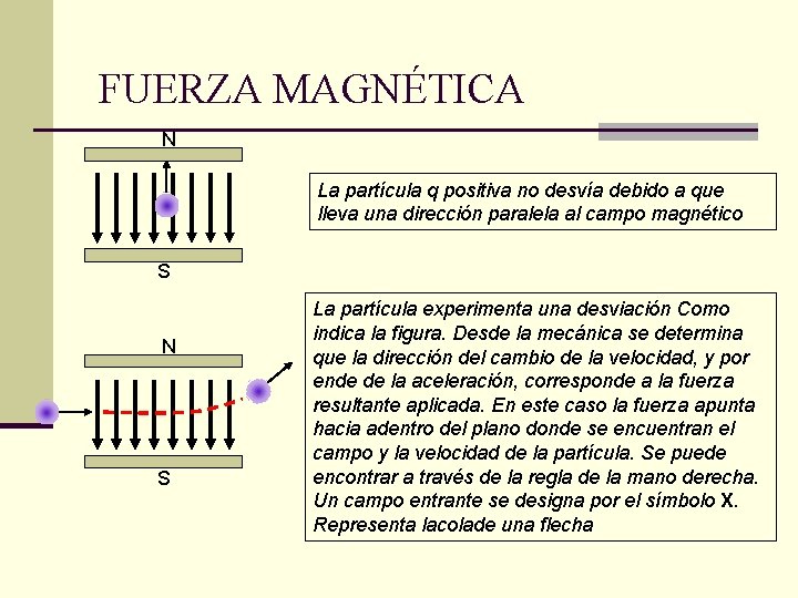 FUERZA MAGNÉTICA N La partícula q positiva no desvía debido a que lleva una