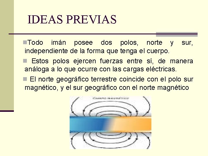 IDEAS PREVIAS n. Todo imán posee dos polos, norte y sur, independiente de la