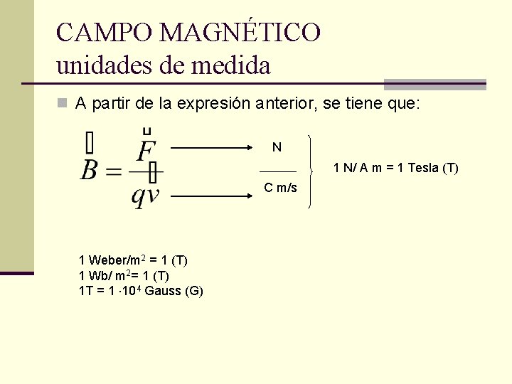 CAMPO MAGNÉTICO unidades de medida n A partir de la expresión anterior, se tiene