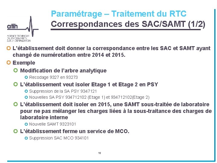 Paramétrage – Traitement du RTC Correspondances des SAC/SAMT (1/2) L’établissement doit donner la correspondance Paramétrage – Traitement du RTC Correspondances des SAC/SAMT (1/2) L’établissement doit donner la correspondance