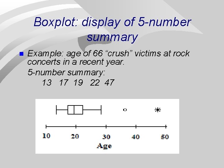 Boxplot: display of 5 -number summary n Example: age of 66 “crush” victims at