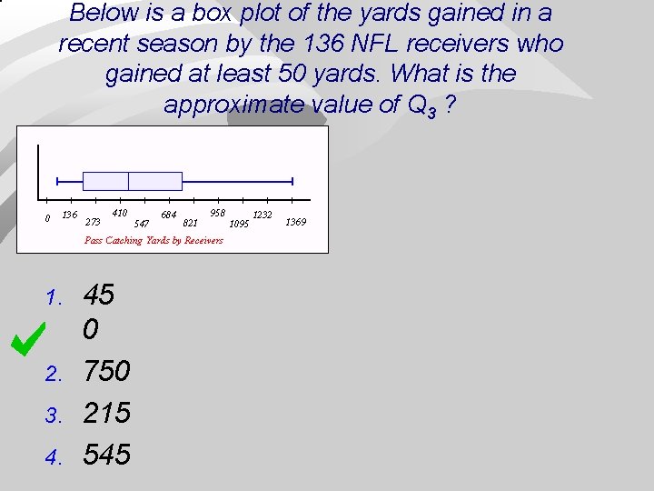 Below is a box plot of the yards gained in a recent season by