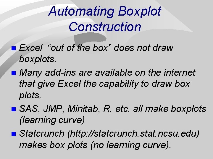 Automating Boxplot Construction Excel “out of the box” does not draw boxplots. n Many