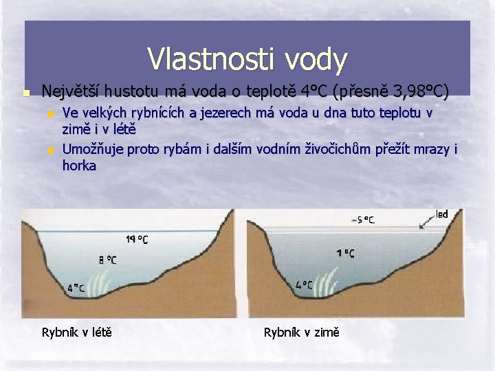 Vlastnosti vody n Největší hustotu má voda o teplotě 4°C (přesně 3, 98°C) n