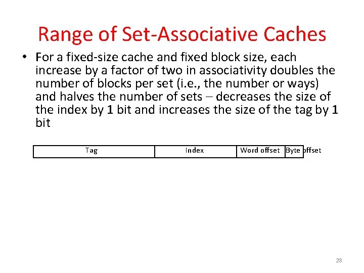 Range of Set-Associative Caches • For a fixed-size cache and fixed block size, each