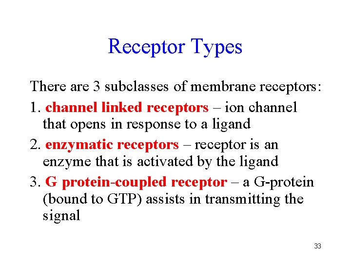 Receptor Types There are 3 subclasses of membrane receptors: 1. channel linked receptors –