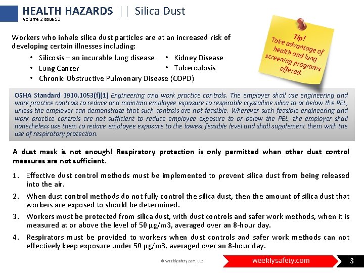 HEALTH HAZARDS || Silica Dust Volume 2 Issue 53 Workers who inhale silica dust