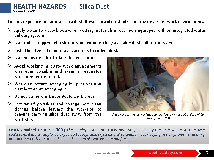 HEALTH HAZARDS || Silica Dust Volume 2 Issue 53 To limit exposure to harmful