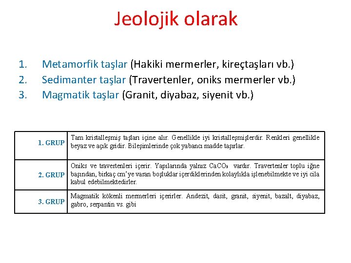 Jeolojik olarak 1. 2. 3. Metamorfik taşlar (Hakiki mermerler, kireçtaşları vb. ) Sedimanter taşlar